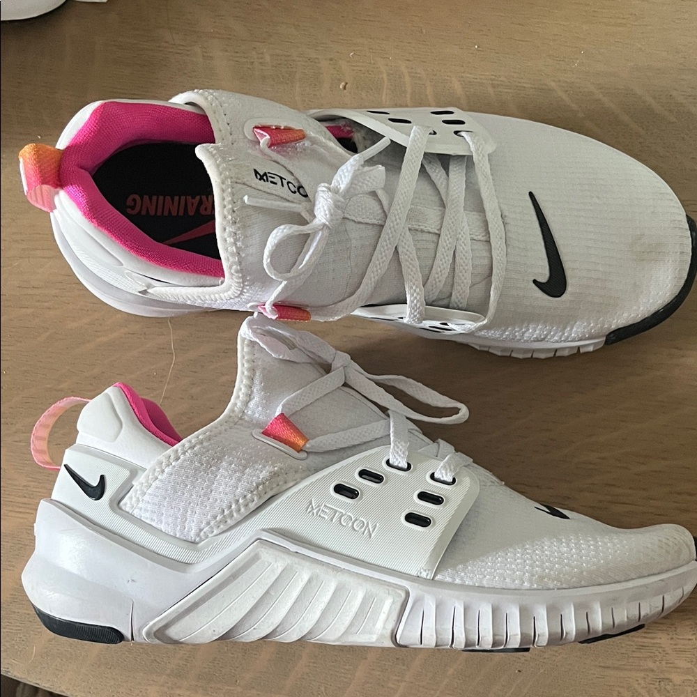 Nike White and Pink Metcon Trainers